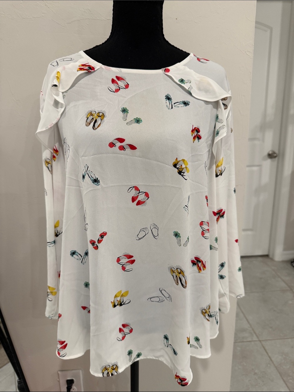 Van Heusen White Printed Long Sleeve Ruffle Shoulder Dress